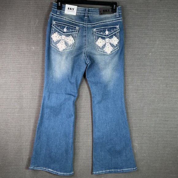 Sky Denim - SKY Womens Size 13/14 Blue Super Soft Flare Jeans With Rhinestone Pocket Detail